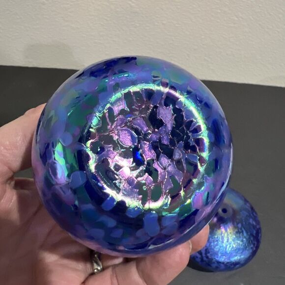 2 VINTAGE HANDBLOWN BLUE IRIDESCENT SMALL ART CRACKLE GLASS BUD VASE - Picture 7 of 14